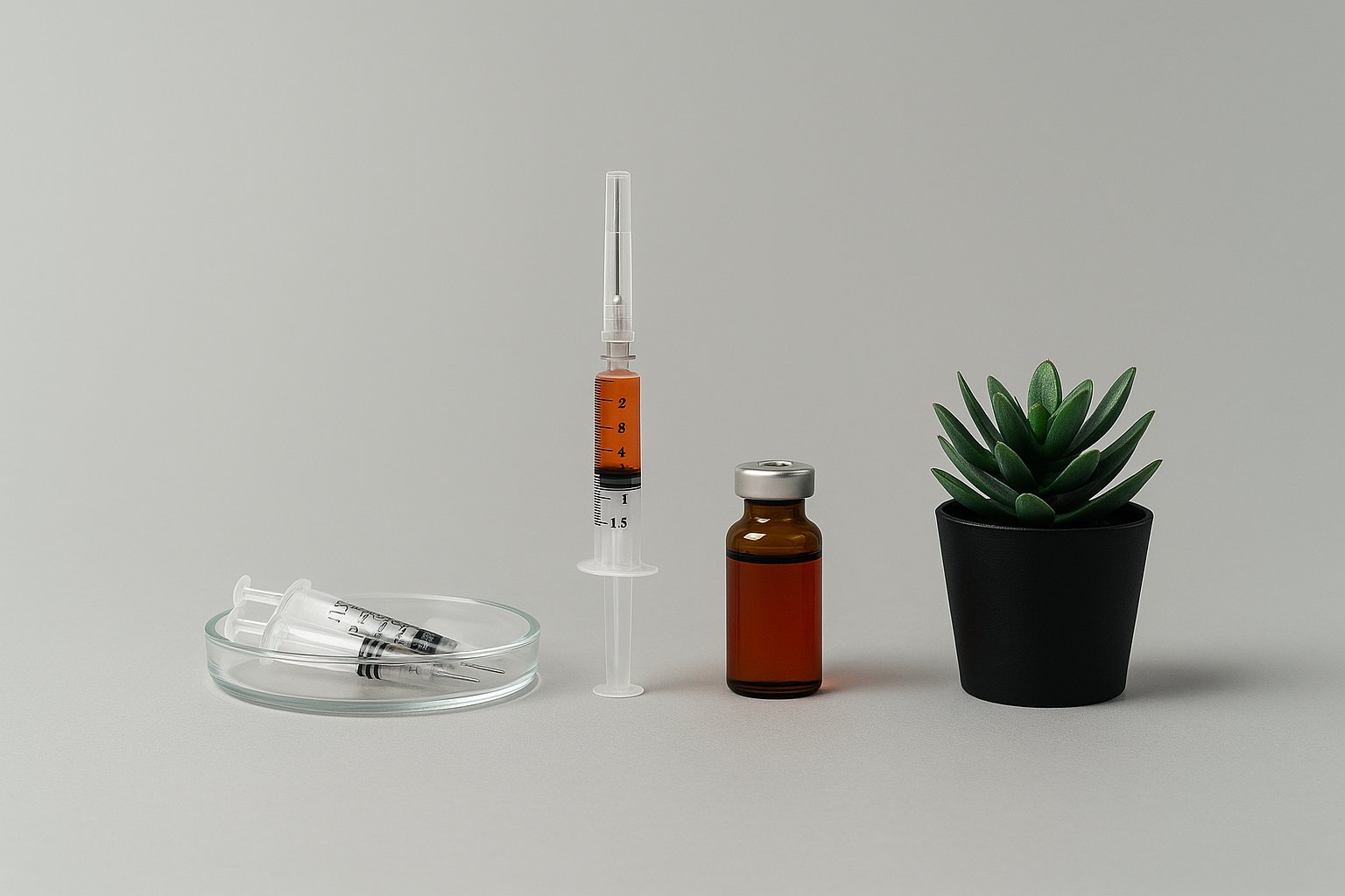 Vitamin shot syringe and amber vial beside a small succulent